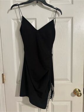 B Darlin Black Spaghetti-Strap Mini Dress with Rhinestone Fringe Accent